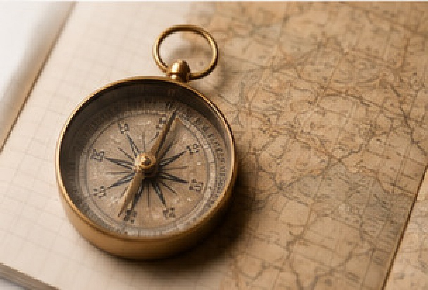 Brass compass resting on an old map journal