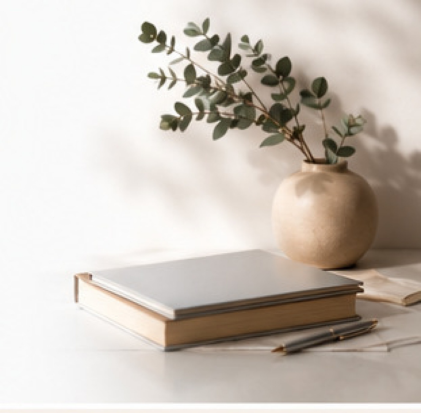 Calm desk with plant, notebooks and tea
