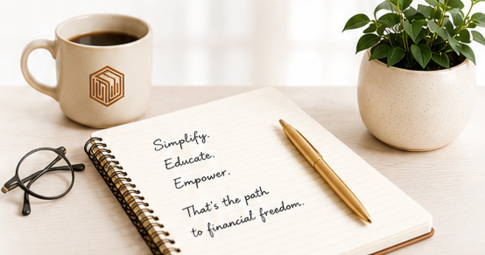 Coffee, notebook with handwritten notes, glasses and a gold pen