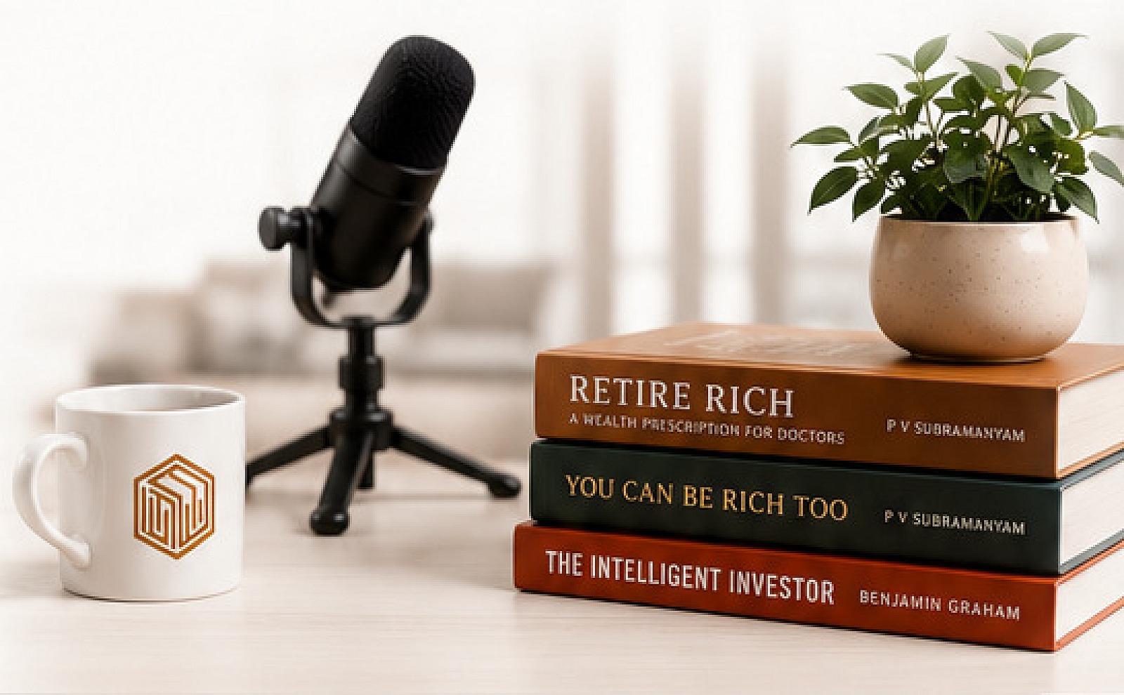 Studio microphone, branded mug, finance books and a plant