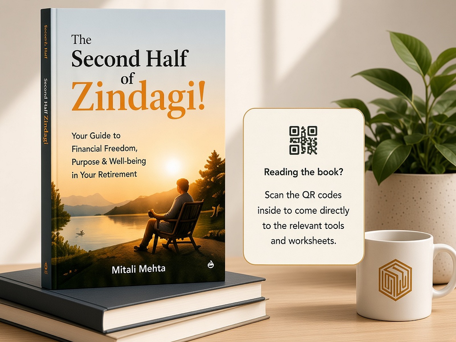 The Second Half of Zindagi book stack with QR card, mug and plant
