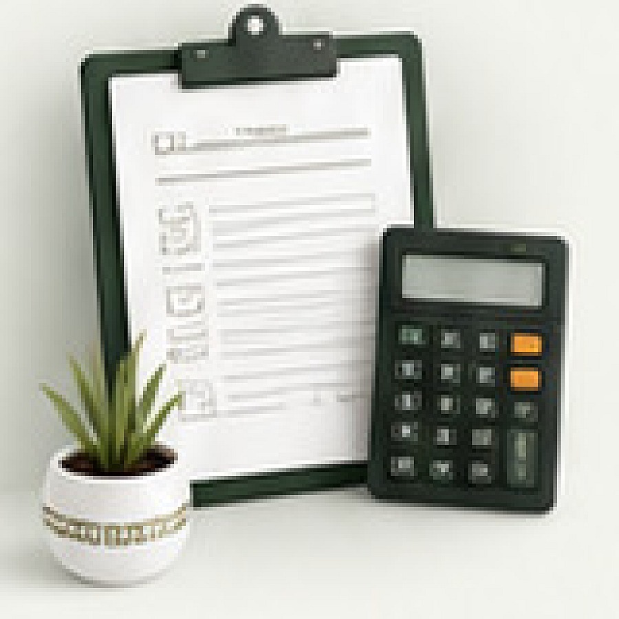 Clipboard, calculator and small plant