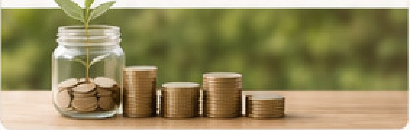 Coins and a savings jar with a young plant