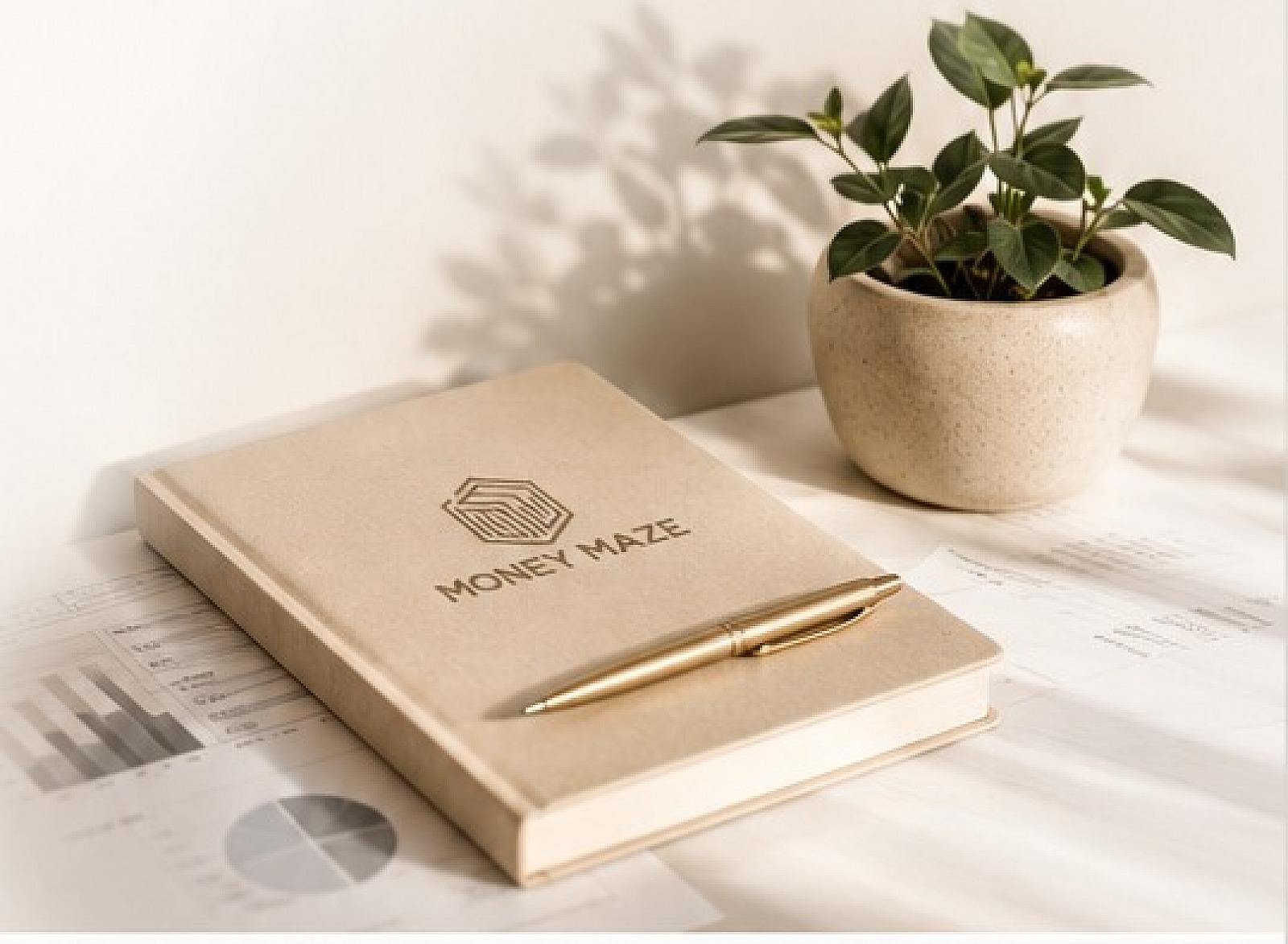 Money Maze notebook, gold pen, coffee and plant