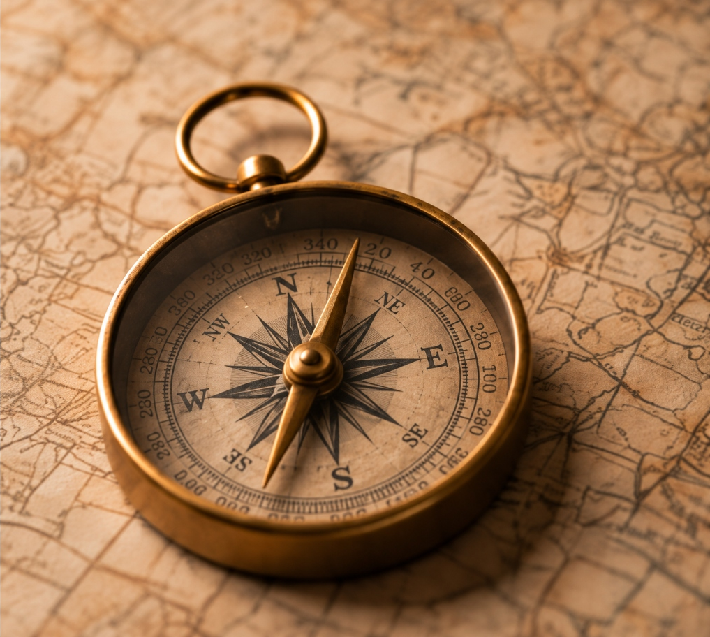 Antique brass compass on vintage map