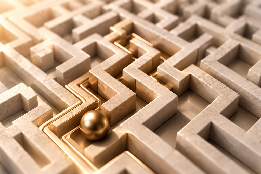 Marble maze with golden path and golden ball