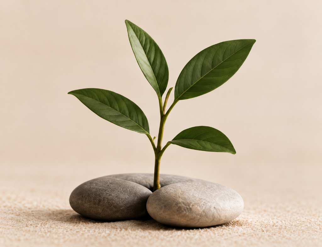 Green sprout growing between smooth zen stones on sand