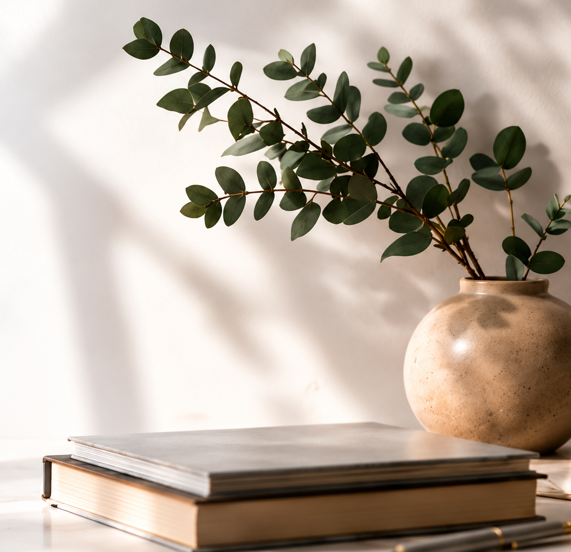 Sunlit plant in ceramic vase on books