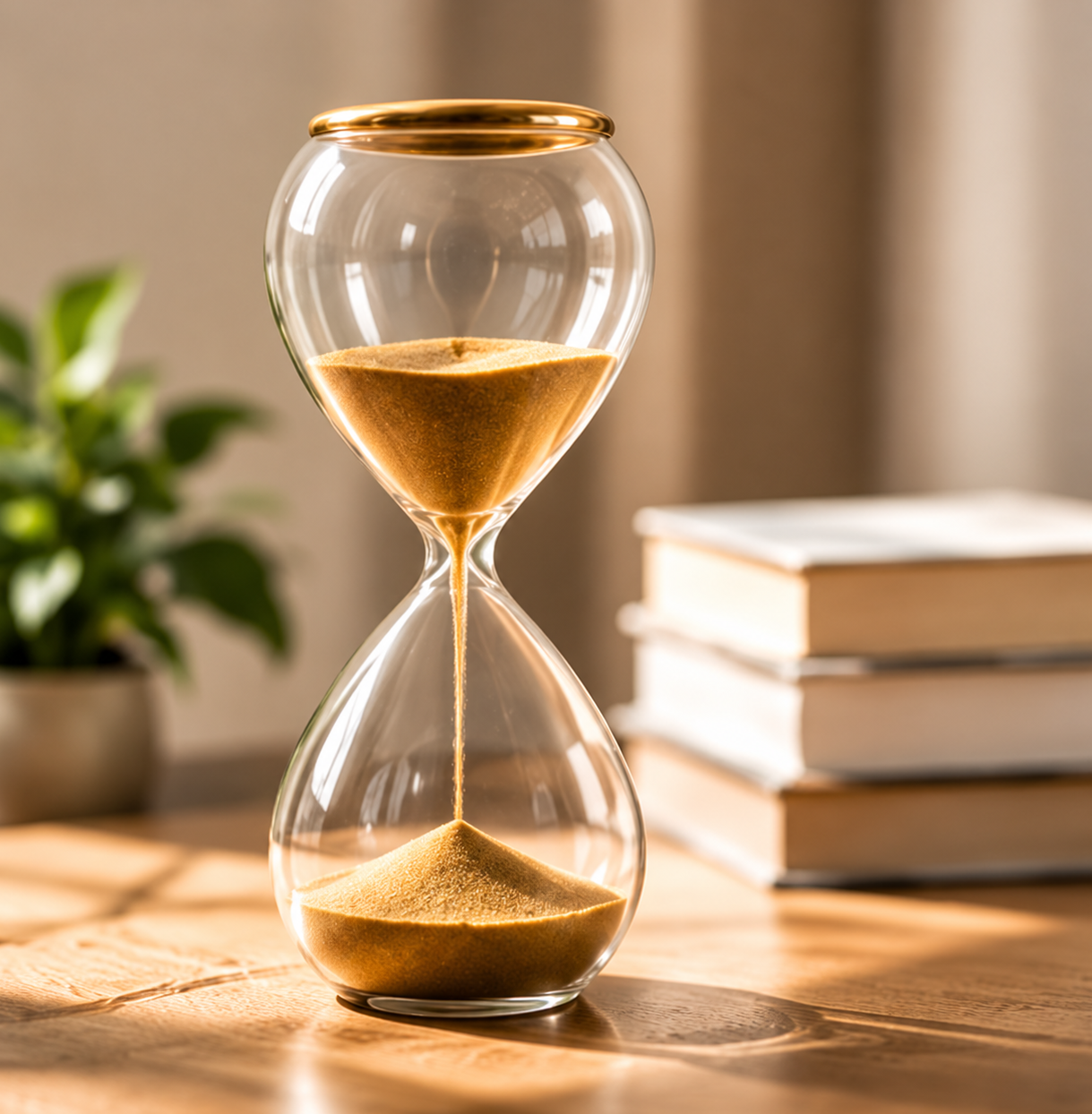 Golden Hourglass on a Sunlit Desk