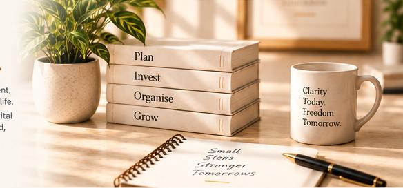 Personal finance writing desk with books, notebook and coffee mug